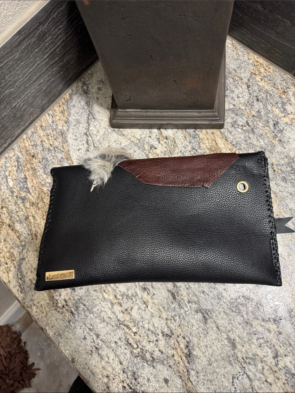 Black and Brown Leather Clutch with Fur Accent - Designer Style